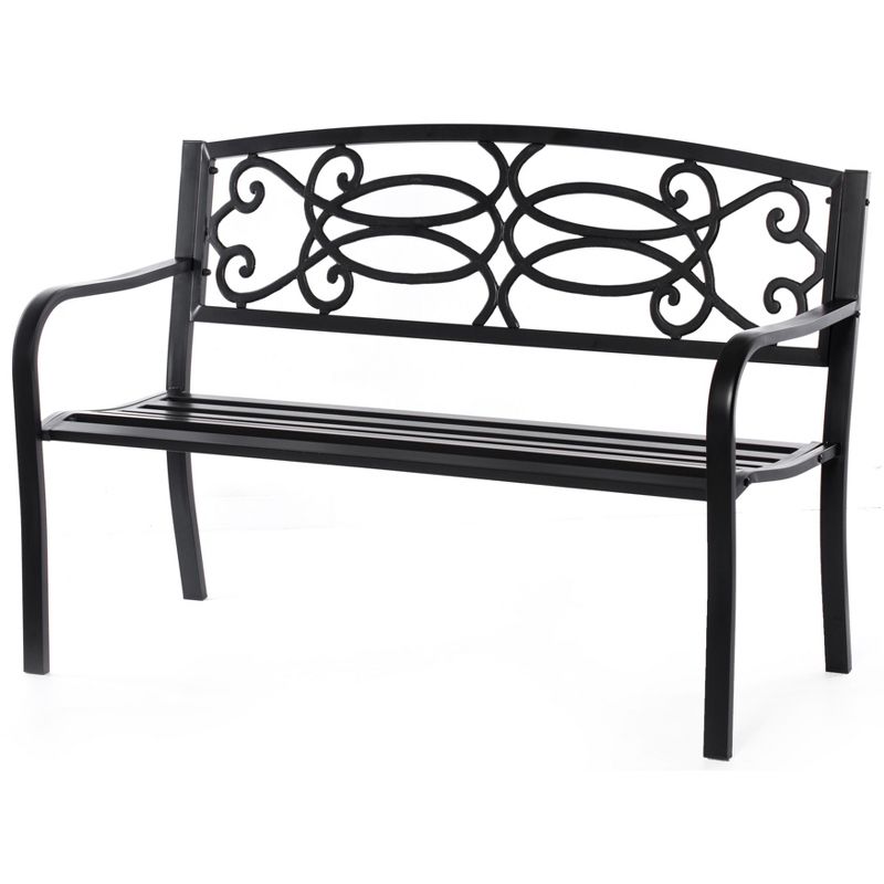 Gardenised Steel Outdoor Patio Garden Park Seating Bench with Cast Iron Scrollwork Backrest, Front Porch Yard Bench Lawn Decor, 1 of 9