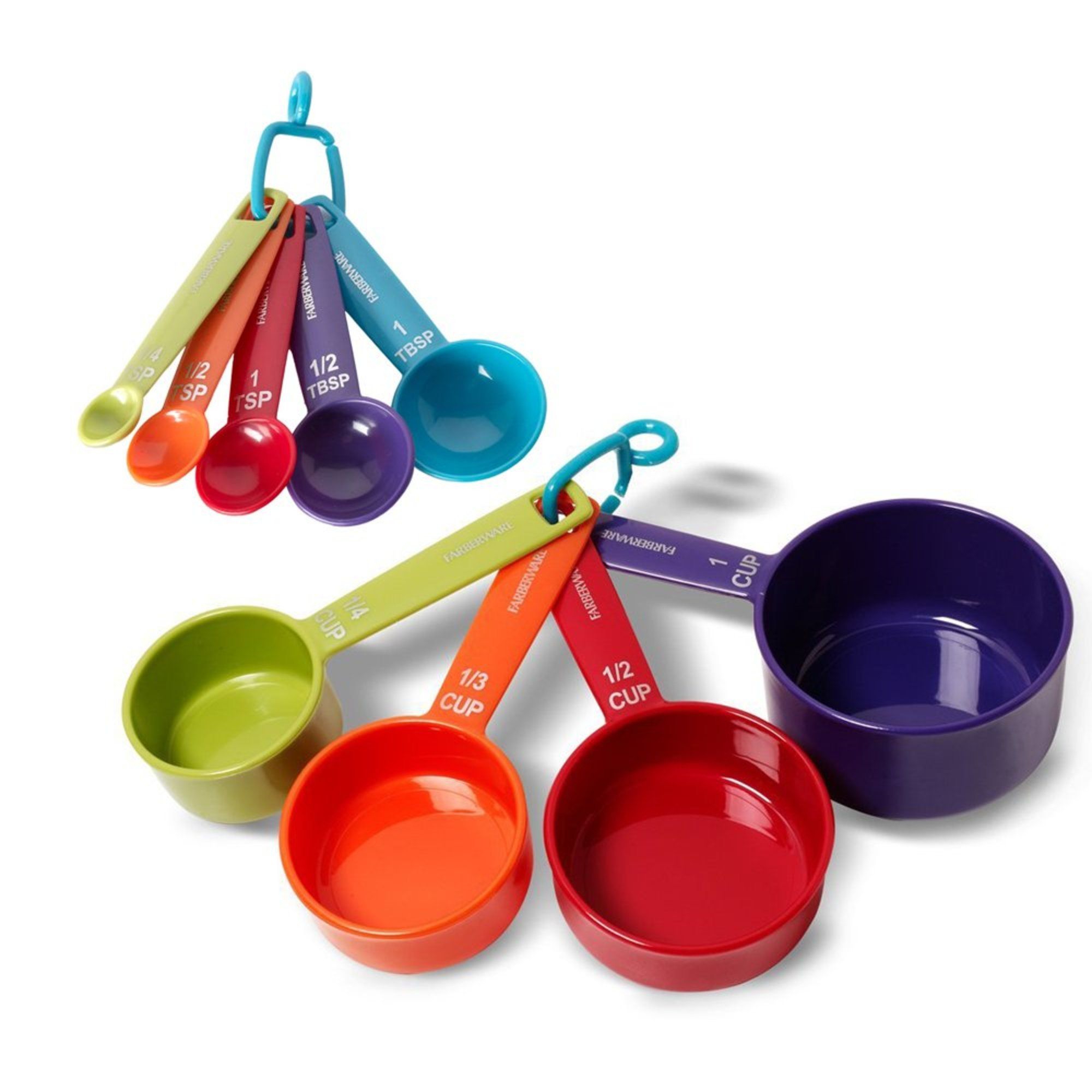 Farberware Kitchen Basics Measuring Cup & Spoon Set – 9-Pce Colorful Nesting Stackable Cups & Spoons with Ring Organizer, Easy-Read Markings, Plastic