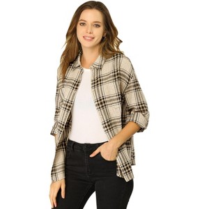 Allegra K Women's Button Down Shirts Turnover Collar Chest Pockets Classic Plaid Shirts - 1 of 4