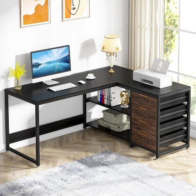 Sapphtopaz L-Shaped Computer Desk with 4 Drawers Reversible Corner Computer Desk with File Cabinets Writing Desk for Home Office, Bedroom