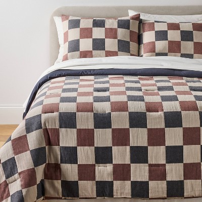 Full/Queen Woven Check Comforter Set Neutral/Navy/Burgundy - Threshold™ designed with Studio McGee