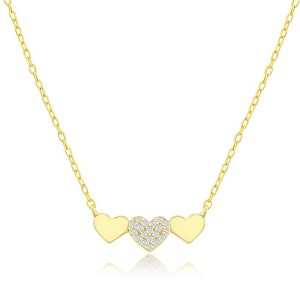 Bella Silver Sterling Silver Triple Heart CZ Bar Necklace - Gold Plated - Gold - 16+2 Inch - 1 of 2