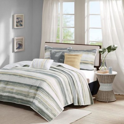 Sapphtopaz 6-Piece Watercolor Coastal Stripe Reversible Quilt Set, Printed Sheet Set with Throw Pillows, Sheets Bed Set for Women, Men, Kids & Teens
