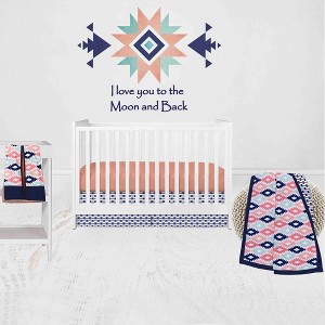 Bacati - Aztec Print Emma Coral Mint Navy 4 pc Crib Bedding Set with Diaper Stacker - 1 of 4
