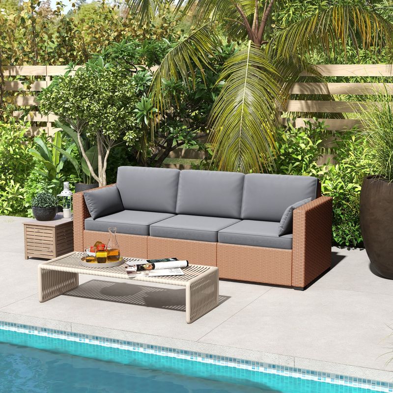 Outsunny Wicker Patio Couch, PE Rattan 3-Seat Sofa, Outdoor Furniture with Deep Seating, Cushions, Steel Frame, Sand, 2 of 7