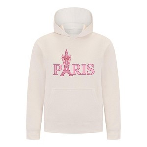 Everyday Kids Paris Bow Girls Pullover Hoodie – Pink Eiffel Tower City Graphic Sweatshirt - 1 of 4