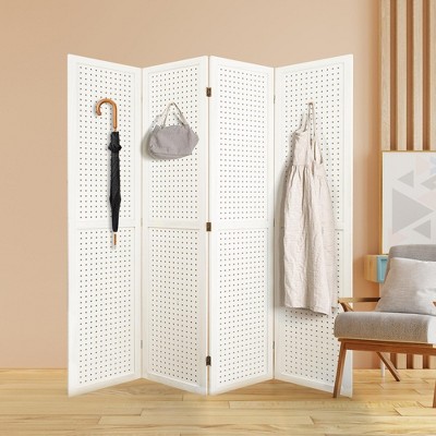 CENGHU 5.6FT Room Divider 4 Panel Pegboard Display Wood Room Divider, Room Dividers and Folding Privacy Screens for Home& Office, White