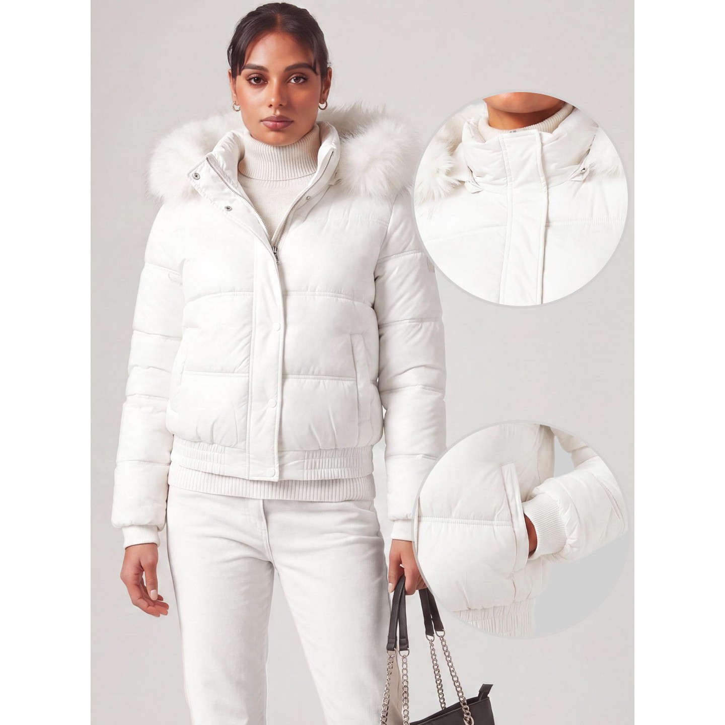 Женские куртки INSPIRE CHIC Faux Fur Trim Hooded Cropped Hidden Button Zip Up Elastic Hem Quilted Coats X Small White, цвет: Белый — фото 2