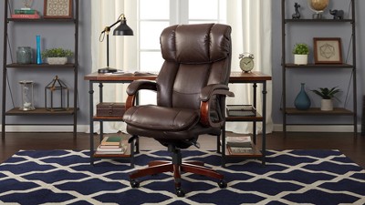 Executive High-Back Black Leather Swivel Office Chair with Wood Accents