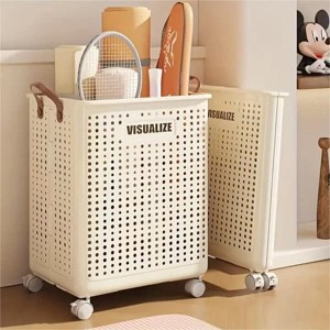 Racxily Collapsible Medium-Large Ceramic White Laundry Basket with Faux Leather Hand, Portable Hamper with Wheels, for Bathroom, Balcony - 1 of 4