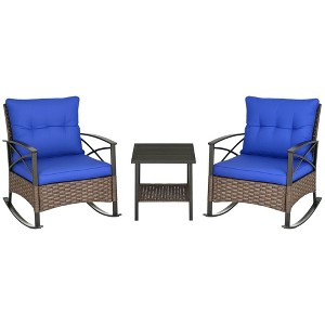 3 Piece Patio Rocking Chair Set, Outdoor Wicker Bistro Set with 2 Oversize Cushioned Porch Rockers and 2 Tier Coffee Table for Garden, Porch - 1 of 4