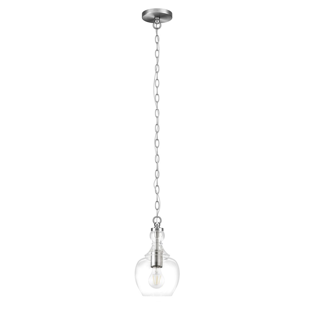 Hudson and Canal 7" Wide Pendant with Glass Shade Brushed Nickel/Clear: UL Listed, Mid-Century Modern, E26 Socket