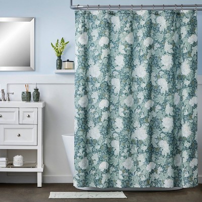 Green and White Floral Fabric Shower Curtain with Grommets