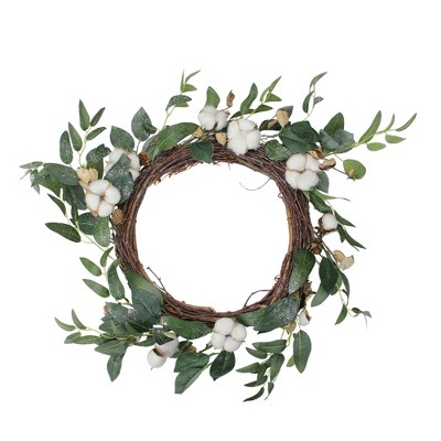 Northlight 21.5" Unlit Cotton Bloom and Leaf Foliage Twig Wreath - White