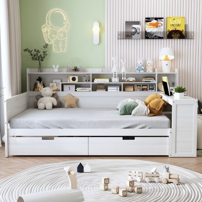 Wooden Daybed with Storage Drawers, Shelves and Built-In Study Desk, Space-Saving Multi-Functional Bed for Kids Room-Cuddlewood
