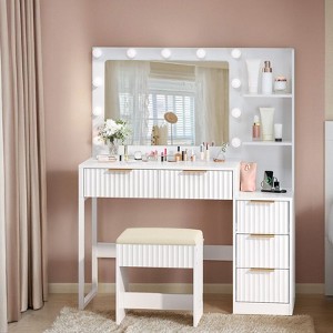 White Particle Board Veneered with Textured Melamine, 5-drawer 2-tier Shelf, comes with 11 Three-color Dimmable Bulbs, Dressing Table Set - 1 of 4