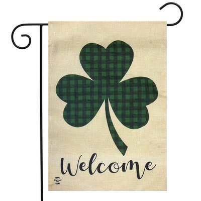 Welcome Shamrock Green Plaid Burlap Garden Flag