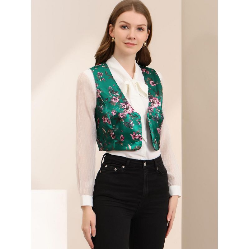 Allegra K Women's Floral Pattern Button Closure Satin Waistcoat Vest, 2 of 6