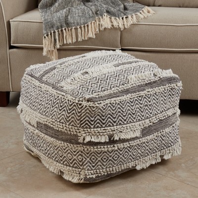 Handwoven Gray and White Cotton Textured Pouf, 24"x24"x16"