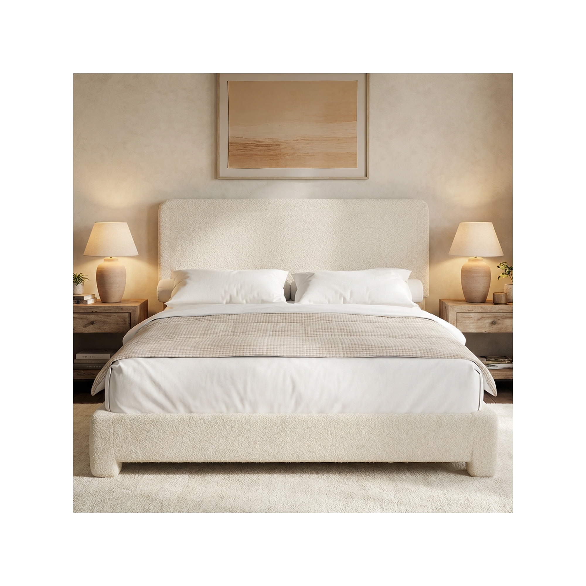Dyonery Boucle Bed Frame King Size,Modern Cream Bed Frame with Adjustable Headboard, Soft Rounded Corners,No Box Spring Required,Easy Assembly
