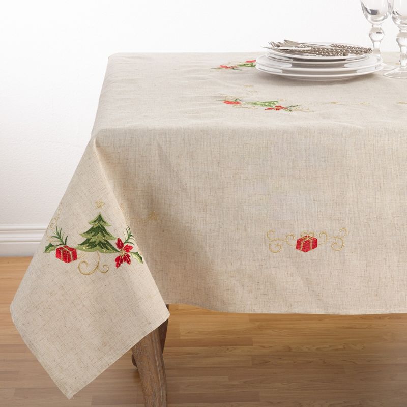 Saro Lifestyle Embroidered Christmas Tree Design Holiday Linen Blend Tablecloth, 1 of 5