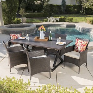 Dion 7pc Aluminum & Wicker Patio Dining Set - Brown - Christopher Knight Home: Weather-Resistant with Polyester Cushions - 1 of 4