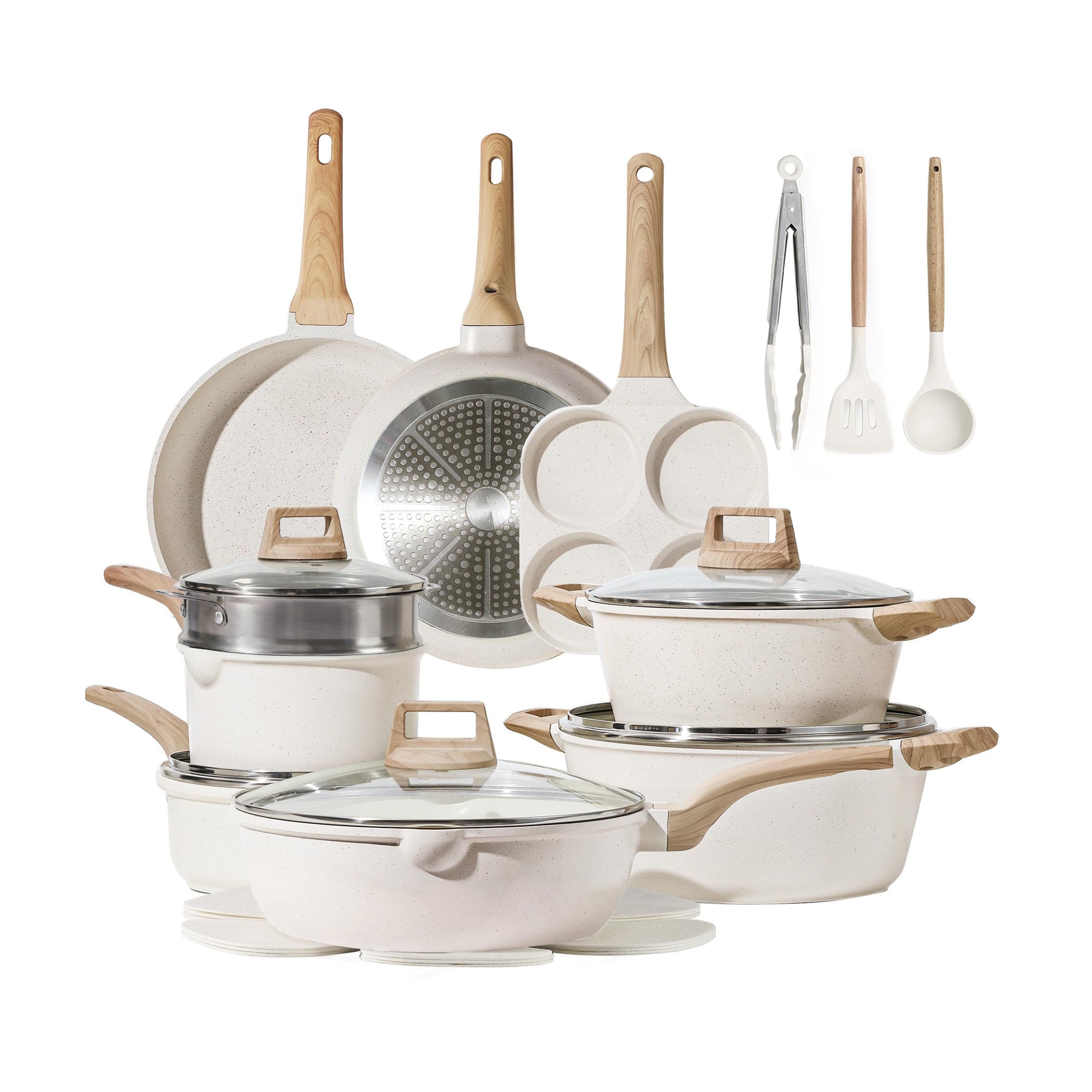 Aoibox 21-Piece Nonstick Cookware Set, White Granite Induction Safe Pots and Pans with Frying Pans & Saucepans, PFOS and PFOA Free