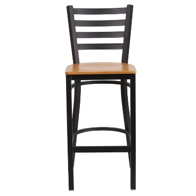 Black Metal Ladder Back Barstool with Natural Wood Seat