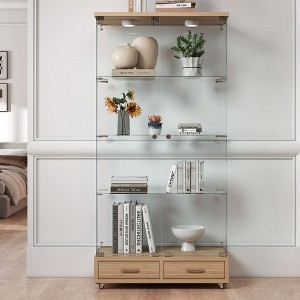 Okak 16/32in Modern Display Case, Glass Bookshelf with 4 Shelves and Drawer, Cube Storage Organizer for Living Room and Bedroom - 1 of 4