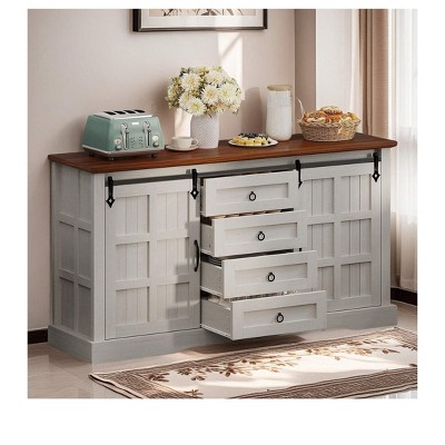 Farmhouse Sideboard Buffet Cabinet, Freestanding Cabinet With Shelves, Large Kitchen Cabinet with Sliding Barn Doors and 4 Drawers, White