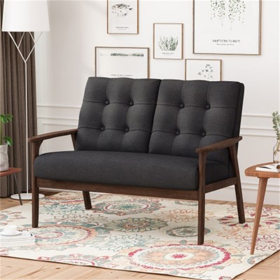 SKRAN 2 Seater Sofa for Living Room or Office - Fabric Upholstered Loveseat with Button Tufting and Waffle Stitching, Charcoal Grey