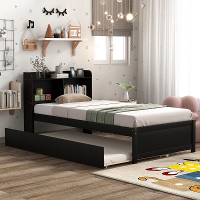Trundle Bed with Built-in Bookcase Headboard,Wooden Platform Bed with Storage Shelves for Kids Teens,Guest Room-Baofuwish