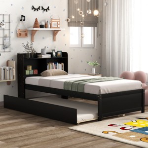 Trundle Bed with Built-in Bookcase Headboard,Wooden Platform Bed with Storage Shelves for Kids Teens,Guest Room-Baofuwish - 1 of 4