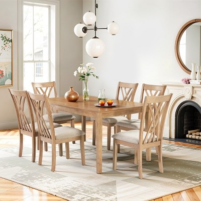 7-Piece Solid Wood Dining Set for 6 ,Rectangular Tables with Rubberwood Legs and Upholstered Wood Dining Chairs for Dining Room,Farmhouse