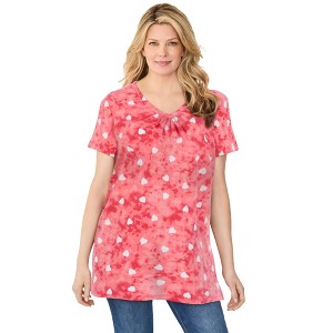 Woman Within Perfect Printed Short-Sleeve Shirred V-Neck Tunic - 1 of 4