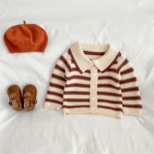 MyKids-Usa Baby Striped Pattern Lapel Knitted Cardigan With Pants Sets - 1 of 4