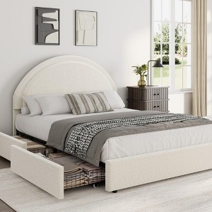 Bed Frame with Storage Drawers, Upholstered Boucle Platform Bed with Round Headboard - 1 of 4