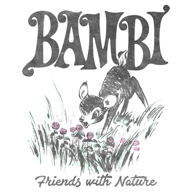 Juniors Womens Bambi Friends With Nature Artistic Sketch T-Shirt, 2 of 5