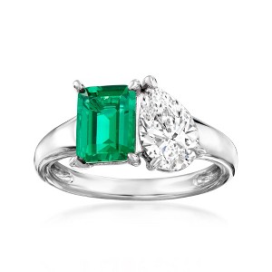 Ross-Simons 1.70 Carat Simulated Emerald and 1.00 Carat CZ Toi Et Moi Ring in Sterling Silver - 1 of 4