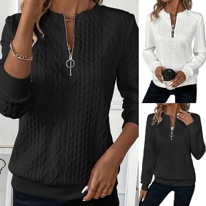 Coolmee Women Casual Crewneck Long Sleeve Cable Knit Stripes Half Zip Pullover Sweatshirts Tops - 1 of 4