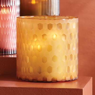 Amber Etched Glass Flameless LED Hurricane Candle Holder