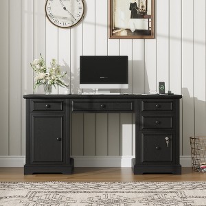 Dyonery Wood Home Office Desk with Charging Station 60" Farmhouse Executive Desk with Drawer/File Drawer/Storage Cabinet,Rustic Computer Writing Desk - 1 of 4