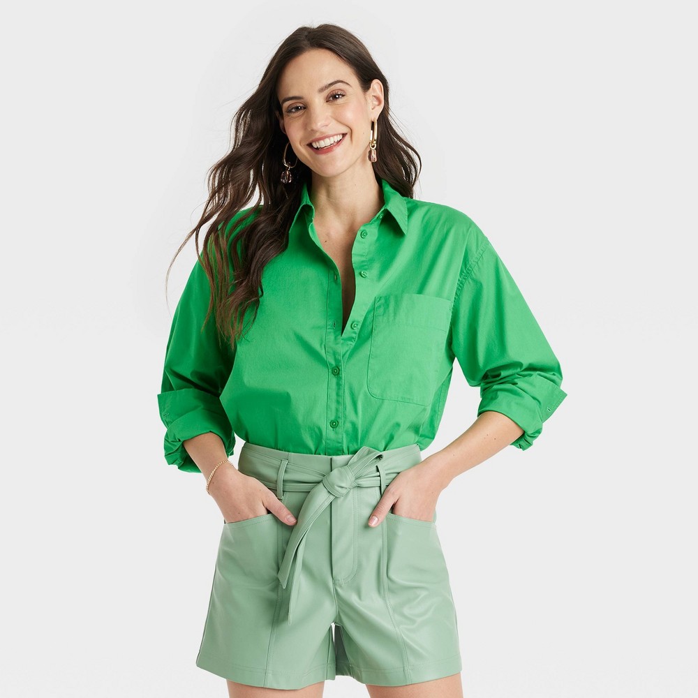 Women's Long Sleeve Oversized Button-Down Shirt - A New Day Green S