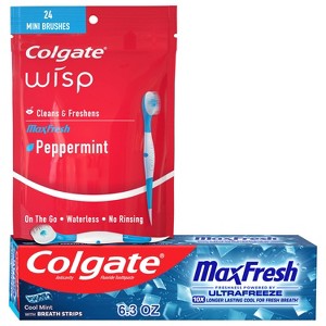 Colgate Max Fresh 24 Pack Peppermint Disposable Travel Toothbrushes + 6.3oz Toothpaste with Mini Breath Cool Mint Strips - 1 of 4