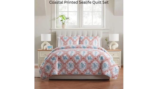 VCNY 3pc Home Coastal Coral Pink Printed Sealife Quilt Set, 2 of 7, play video
