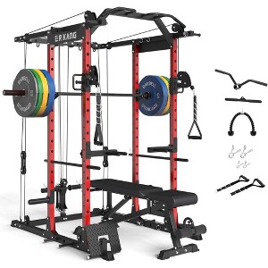 ER KANG Home Gym Package, PC06 Power Cage with Bench, Olympic Barbell, and 230LBS Bumper Olympic Weights(Red Combo) - 1 of 4