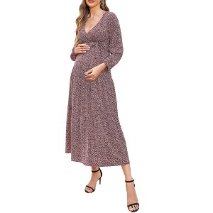 V-neck flared sleeve short sleeved long maternity dress - 1 of 1