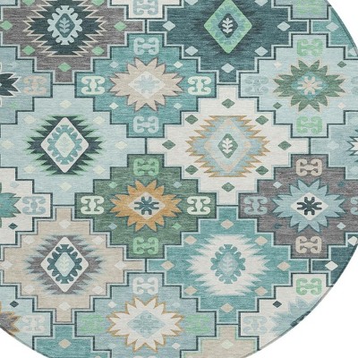 HomeRoots 8' Teal Blue Beige And Ivory Round Southwestern Washable Indoor Outdoor Area Rug