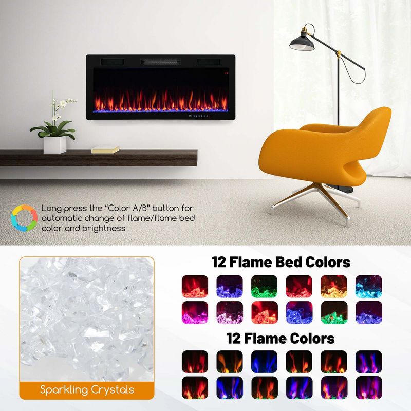 Costway 40"/50"/60" Linear Electric Fireplace 1500W Recessed Wall-Mounted with Multi-Color Flame, 5 of 11