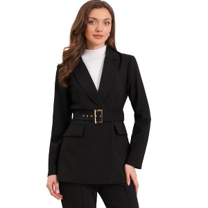 Allegra K Women Long Sleeve Collared Belted Business Casual Suit Jacket Blazer - 1 of 4